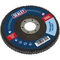 Sealey FD125120 flap disc, zirconium, 125mm diameter, 22mm bore, 120 grit, blue label with red Sealey logo.