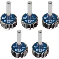Pack of 5 Sealey flap wheels with blue centers and silver shanks, designed for grinding and finishing surfaces.