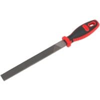 Flat engineers file with a black and red ergonomic handle, featuring a textured metal filing surface.