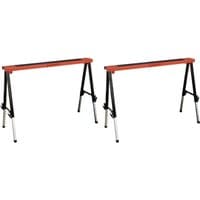 Red and black adjustable builders trestles with foldable legs and white extensions by Sealey.