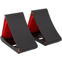 Black and red Sealey folding wheel chocks with ribbed surface and compact design for vehicle stability.