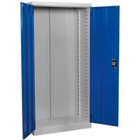 Blue and gray Sealey full height industrial storage cabinet with open double doors and adjustable shelving slots.