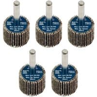 Pack of five Sealey abrasive flap wheels, 25mm diameter, 20mm width, 6mm shaft, 60 grit, with blue central hub.