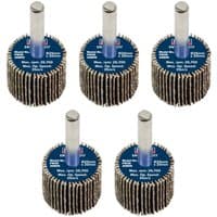 Pack of 5 Sealey abrasive flap wheels, 25mm diameter, 20mm width, 80 grit, with 6mm metal shafts.