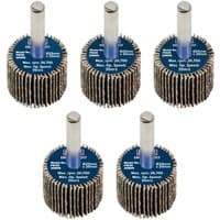 Sealey abrasive flap wheels, pack of 5, 25x20mm size, 6mm shaft, assorted grit, blue center with metal shaft.