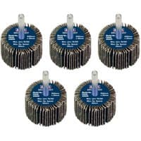 Pack of five Sealey abrasive flap wheels, 40mm diameter, 30mm width, 60 grit, with 6mm shaft, blue center label.