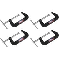 Black Sealey GCC02 Junior C-Clamp set, 4 pieces, each with a silver screw and handle, 76mm x 35mm size.