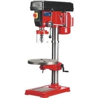 Red Sealey GDM180B bench pillar drill with 16 speeds, black top cover, and adjustable metal base.