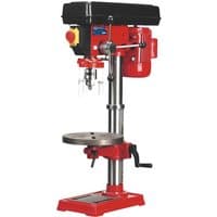 Red and black Sealey GDM92B bench pillar drill with 12 speed settings, adjustable worktable, and safety guard.