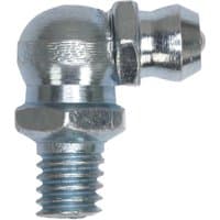 Silver Sealey grease nipple 90° M6 x 1mm with hexagonal base and threaded end.