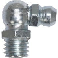 Sealey 90° grease nipple, silver, M8 x 1mm thread, hexagonal base, angled nozzle.