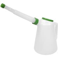 White Sealey oil container jug with green lid and long flexi-spout, featuring an ergonomic handle.