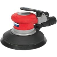 Red and black Sealey air palm random orbital sander with 150mm disc and ergonomic grip handle.