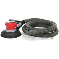 Red and black Sealey air palm random orbital disc sander with hose attachment, 150mm sanding pad.