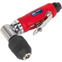 Red Sealey air angle drill with 10mm black keyless chuck and silver accents.