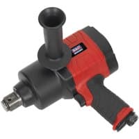 Black and red Sealey twin hammer air impact wrench with 1" drive and side handle.