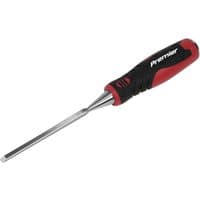 Sealey Hammer Thru bevel edged wood chisel with red and black ergonomic handle and polished steel blade