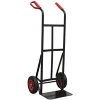 Black Sealey heavy duty sack truck trolley with red handles and large pneumatic wheels.