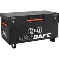 Sealey Heavy Duty Site Tool Box, black with red handles, dual locks, and "Box Safe" branding on the front.