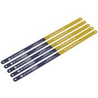 Sealey hacksaw blades, 300mm, bi-metal, 24TPI, pack of 5, blue and yellow design with printed specifications.