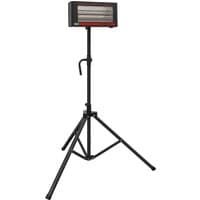 Black Sealey infrared quartz heater on adjustable tripod stand with rectangular heating element.