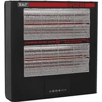 Black Sealey IR28 wall-mounted infrared quartz heater with dual heating elements and safety grill.