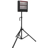 Black Sealey infrared quartz heater with adjustable tripod stand and rectangular heating element.