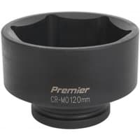 Black Sealey impact socket, 120mm, 1in square drive, with engraved "Premier CR-MO 120mm" text.