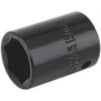 Black Sealey impact socket 19mm with 1/2in square drive, cylindrical shape, embossed size markings.