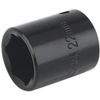 Black Sealey impact socket, 22mm size, 1/2in square drive, with engraved size marking on the side.