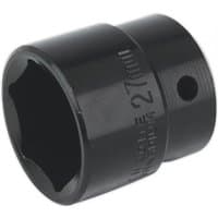 Black Sealey impact socket, 27mm, 1/2in square drive, with engraved size marking and side hole.
