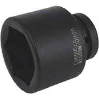 Black Sealey impact socket 55mm with 1in square drive, smooth matte finish, and engraved size marking.
