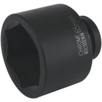Black Sealey impact socket, 65mm size, 1in square drive, with chrome finish and engraved specifications on the side.