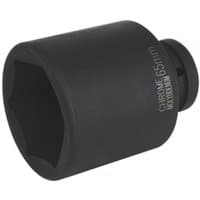 Sealey IS165D black impact socket, 65mm deep, 1-inch square drive, hexagonal opening, chrome finish.