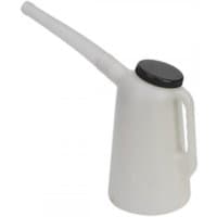 White Sealey 2L oil container with black lid and long flexible spout, featuring a side handle for easy pouring.