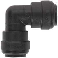Black plastic elbow coupling with 12mm diameter, featuring a right-angle bend and ribbed connectors, pack of 5.