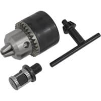 "Sealey keyed 16mm twist chuck with black textured grip and metal components, includes T-handle key and adapter"