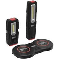 Black Sealey inspection lights with COB LEDs, red accents, and dual wireless charging base.