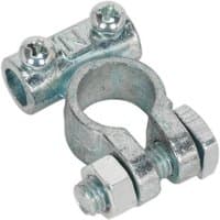 Sealey Light Duty 12v Negative Battery Terminal, silver metal clamp with two screws and a bolt for secure connection.