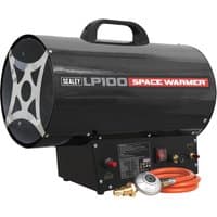 Black Sealey LP100 propane gas space heater with handle, red hose, and control panel on base.