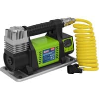 Sealey MAC04D 12v digital tyre inflator, green and black with yellow coiled hose and digital display.