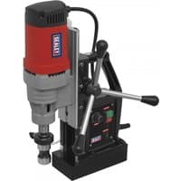 Red and gray Sealey magnetic drilling machine with black base, dual handles, and control panel.