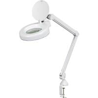 White Sealey magnifying SMD LED work light with adjustable arm and clamp base, featuring a circular lens and cover.
