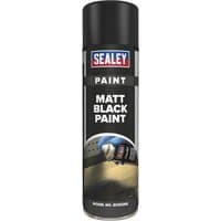 Sealey Matt Black Aerosol Spray Paint can with black cap and label, pack of 6.