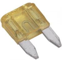 Yellow Sealey automotive mini blade fuse 20A with transparent casing and dual metal prongs.