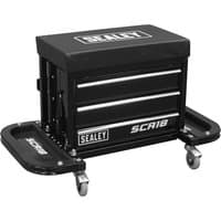 Black Sealey rolling tool box seat with cushioned top, three drawers, side trays, and caster wheels.