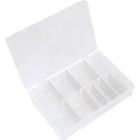 Clear Sealey medium flipbox case with 8 removable dividers, transparent lid, and rectangular compartments.