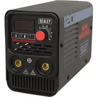 Black Sealey 120Amp MMA inverter welder with digital display and red control dial on front panel.