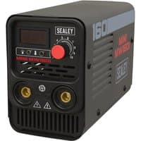 Black Sealey 160Amp MMA inverter welder with digital display, control dial, and dual connectors on the front panel.
