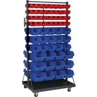 Mobile bin storage system with 118 red and blue bins on a black wheeled frame.